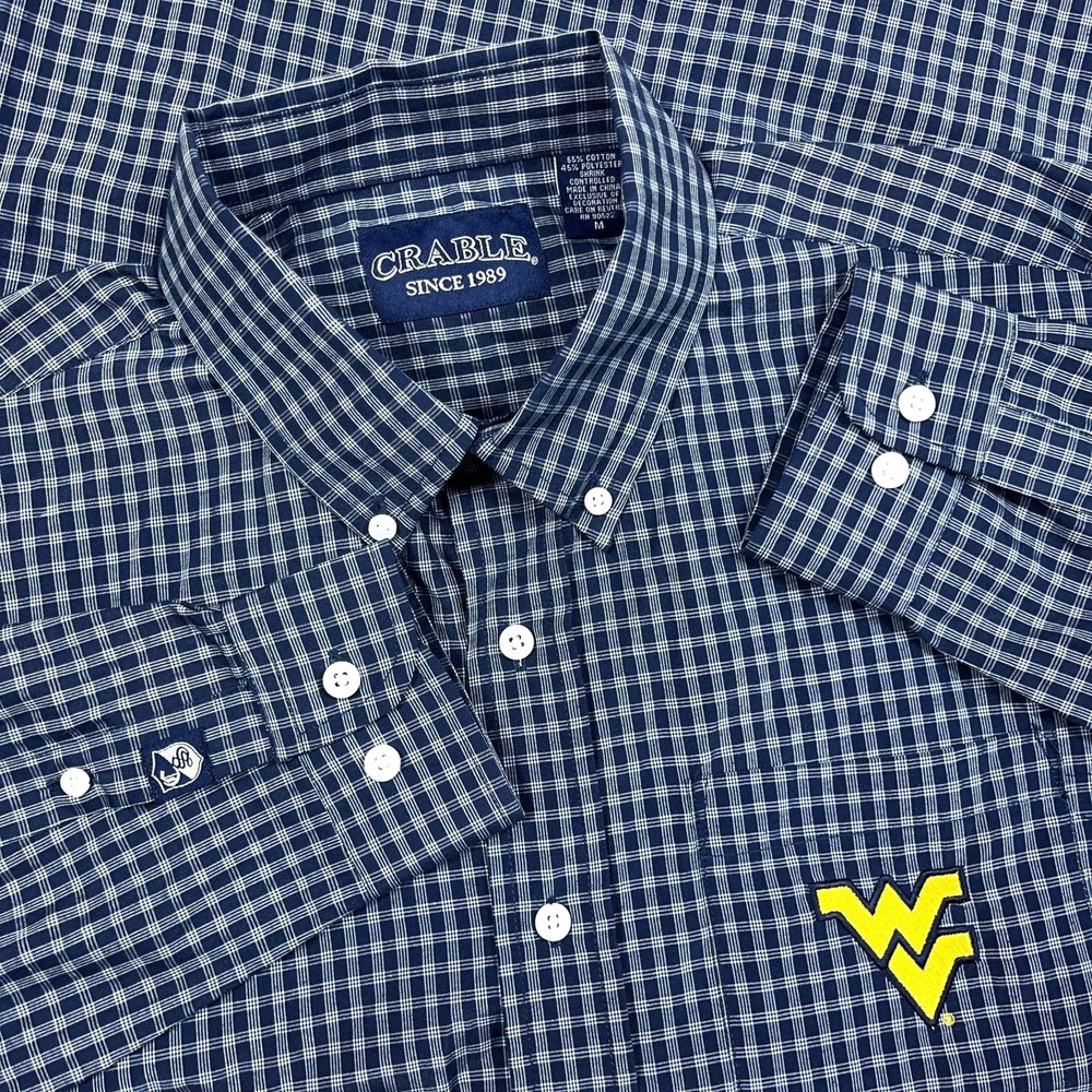 West Virginia Mountaineers Shirt Men Medium Blue Plaid Button Up Dress WVU Adult